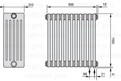 Схема (чертеж) Радиатор Zehnder Charleston 6110/11 №5510 Белый глянцевый RAL 9016